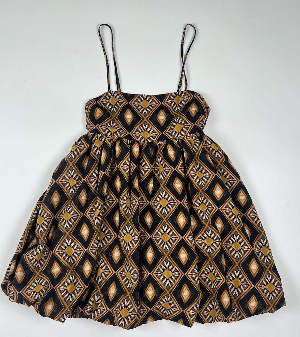 Vestique Connie Black and Mustard Diamond Geometric Print Bubble Mini Dress Medi